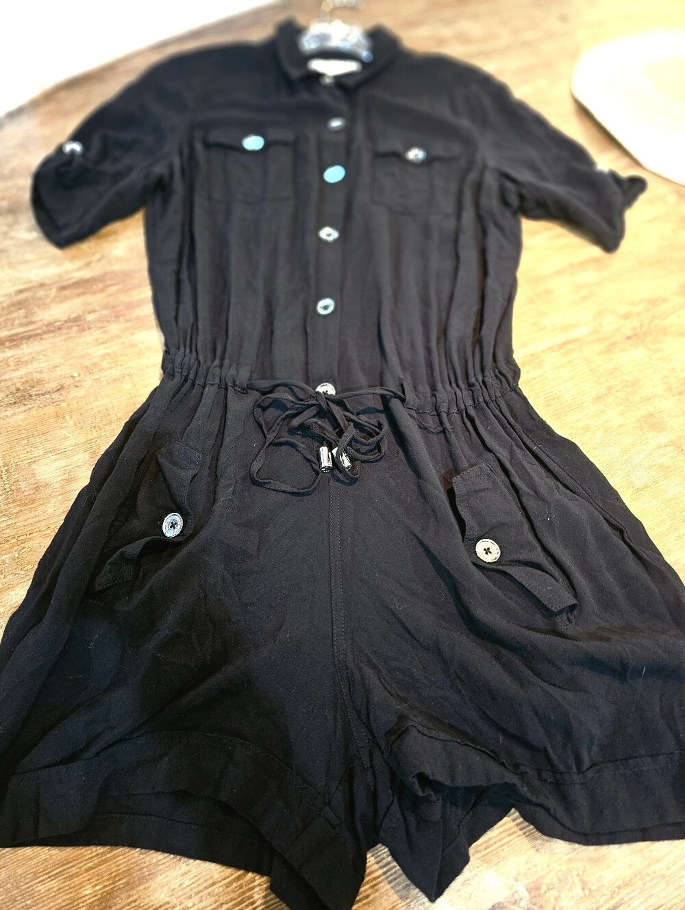 MICHAEL Michael Kors Short To 3/4 Sleeve Black Utility Romper Drawstring Waist L